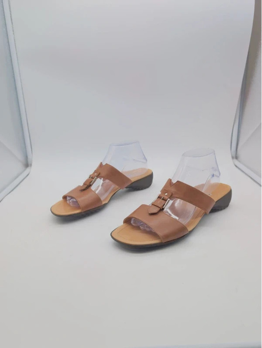 Paul Green Austria Brown Leather Buckle Slide Sandals Low Wedge Mules 8